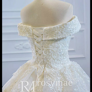 Off the Shoulder Ball Gown Lace Wedding Dress with Long Train - Rosymae