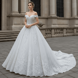 Off the Shoulder Ball Gown Lace Wedding Dress with Long Train - Rosymae