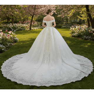 Off the Shoulder Ball Gown Lace Wedding Dress with Long Train - Rosymae