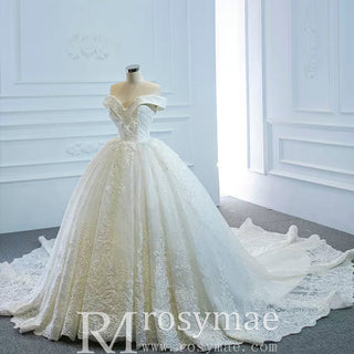 Off the Shoulder Ball Gown Lace Wedding Dress with Long Train - Rosymae
