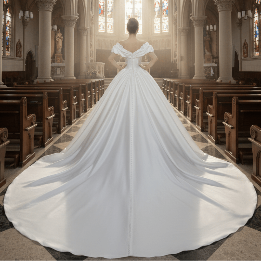 Off the Shoulder Ball Gown Satin Wedding Dress for Outdoor Wedding - Rosymae