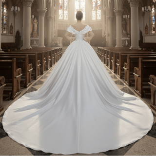 Off the Shoulder Ball Gown Satin Wedding Dress for Outdoor Wedding - Rosymae