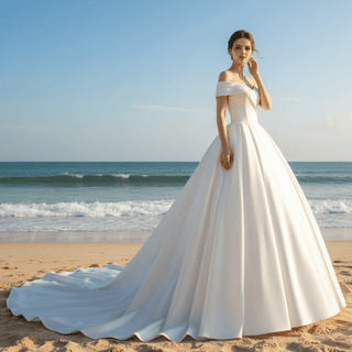 Off the Shoulder Ball Gown Simple Satin Wedding Dress - Rosymae