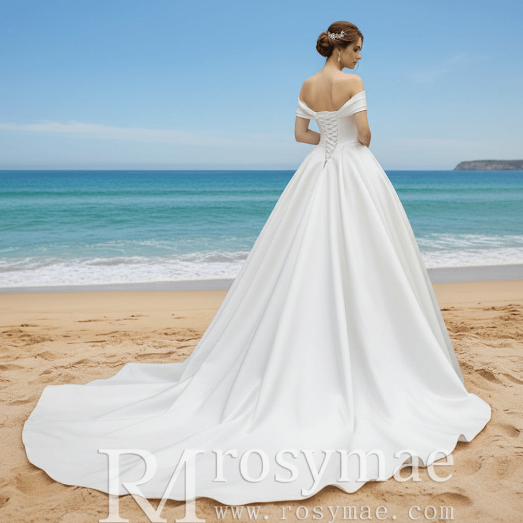 Off the Shoulder Ball Gown Simple Satin Wedding Dress - Rosymae