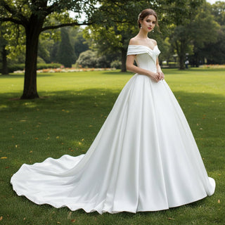 Off the Shoulder Ball Gown Simple Satin Wedding Dress - Rosymae