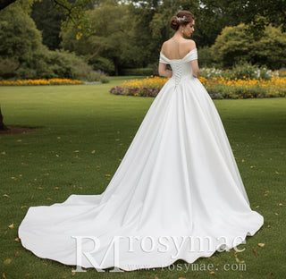 Off the Shoulder Ball Gown Simple Satin Wedding Dress - Rosymae