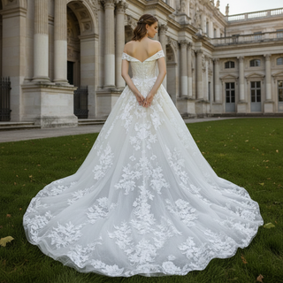 Off-the-shoulder Wedding Dress Puffy Tulle Ball Gown Bridal Dress