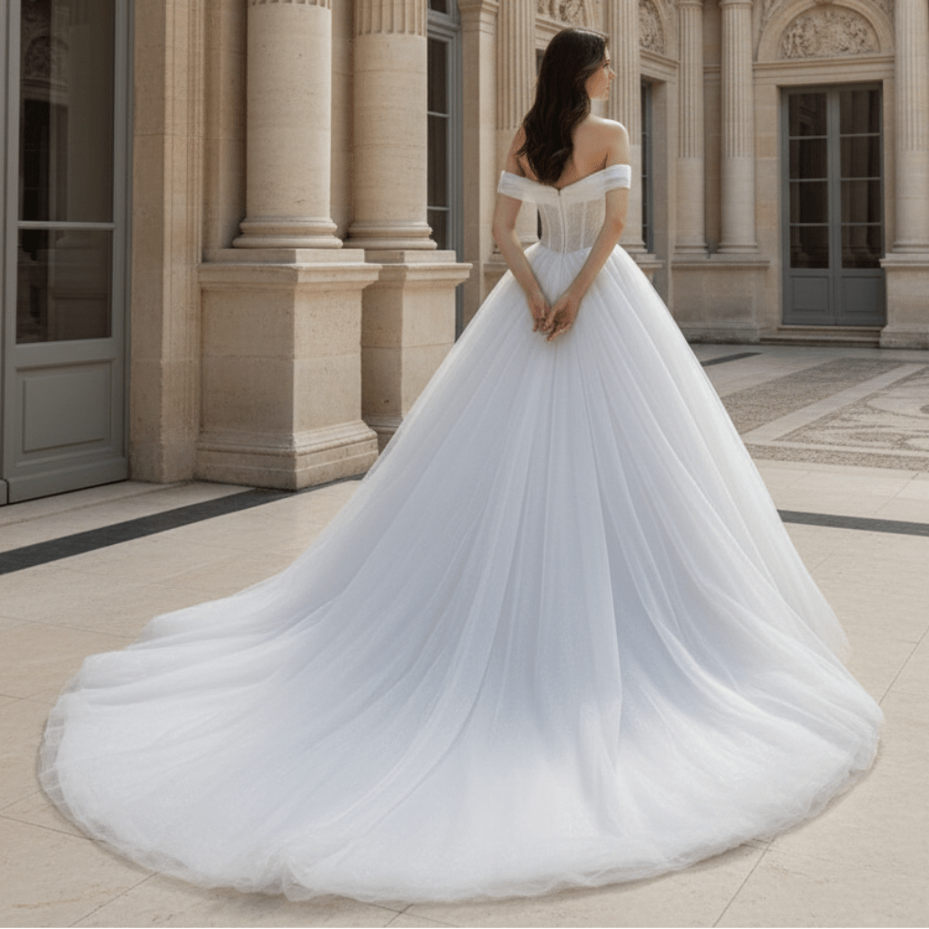 Off the Shoulder Ball Gown Tulle Wedding Dress for Outdoor Wedding - Rosymae