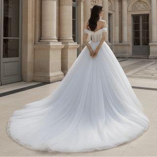 Off the Shoulder Ball Gown Tulle Wedding Dress for Outdoor Wedding - Rosymae