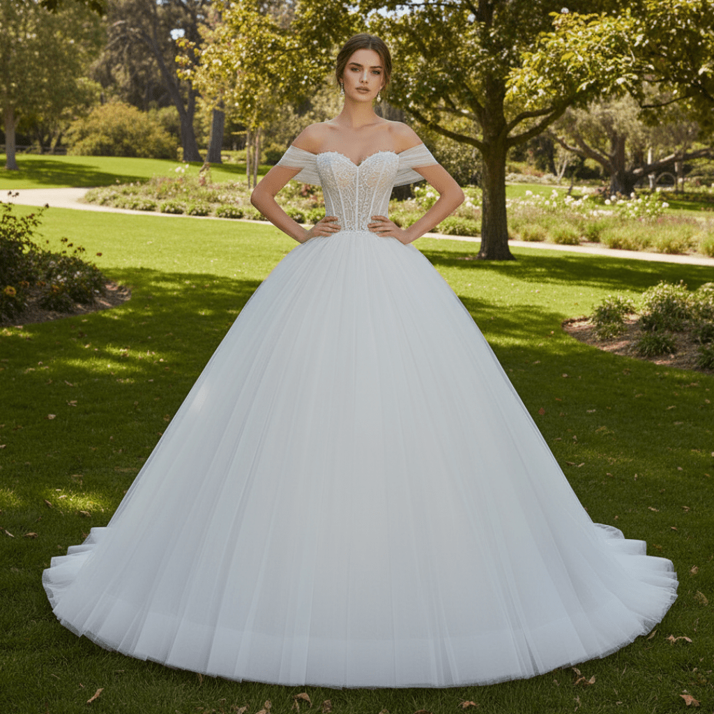 Off the Shoulder Ball Gown Tulle Wedding Dress for Outdoor Wedding - Rosymae