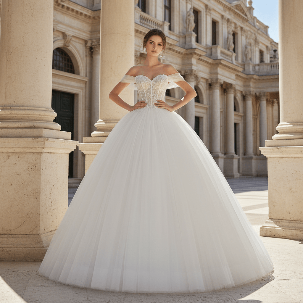 Off the Shoulder Ball Gown Tulle Wedding Dress for Outdoor Wedding - Rosymae
