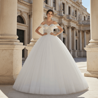 Off the Shoulder Ball Gown Tulle Wedding Dress for Outdoor Wedding - Rosymae