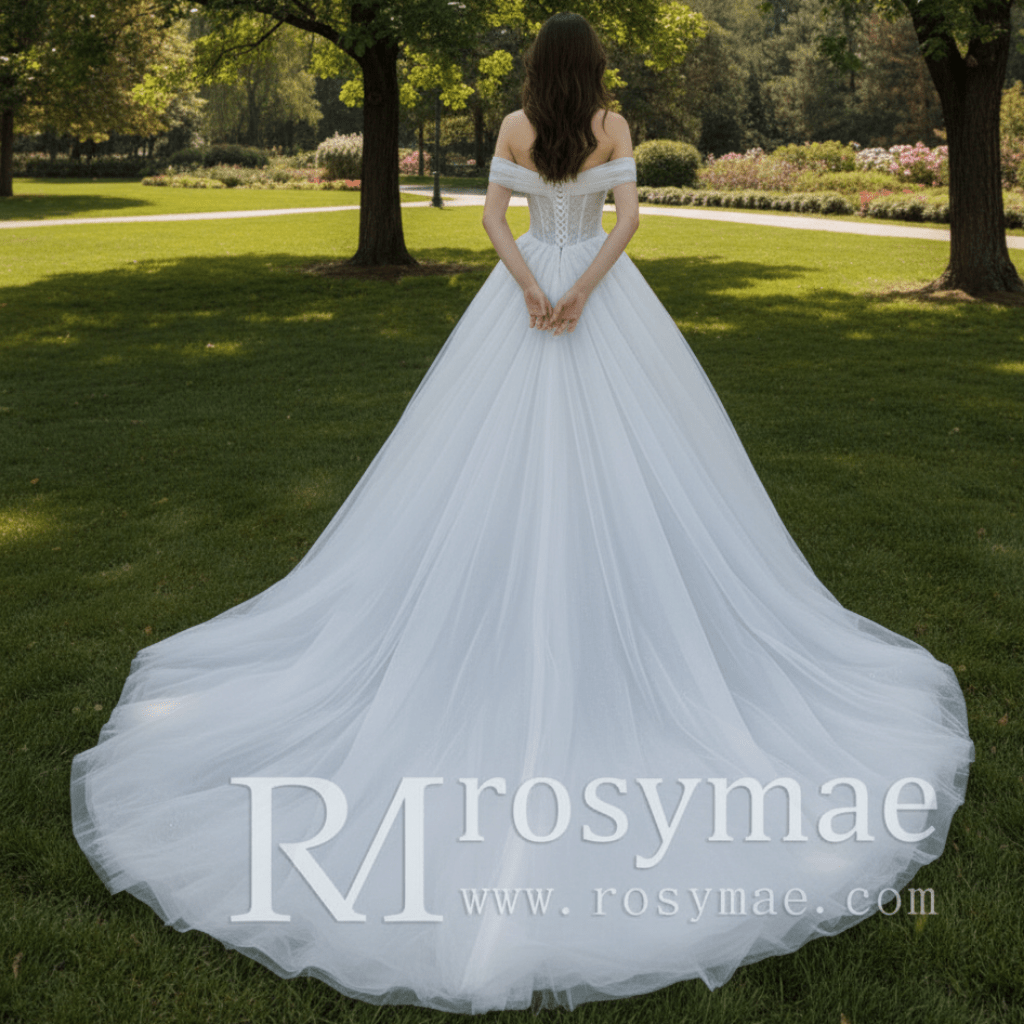 Off the Shoulder Ball Gown Tulle Wedding Dress for Outdoor Wedding - Rosymae
