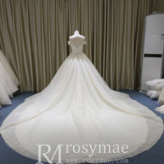 Off the Shoulder Ball Gown V-neck Wedding Dress with Low Back - Rosymae