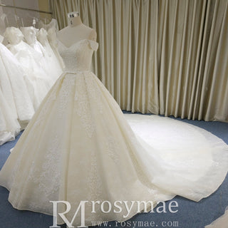 Off the Shoulder Ball Gown V-neck Wedding Dress with Low Back - Rosymae