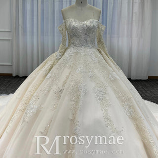 Off the Shoulder Ball Gown Wedding Dress with Long Sleeves - Rosymae