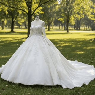 Off the Shoulder Ball Gown Wedding Dress with Long Sleeves - Rosymae