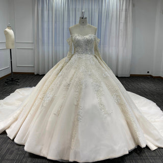 Off the Shoulder Ball Gown Wedding Dress with Long Sleeves - Rosymae