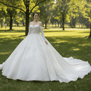 Off the Shoulder Ball Gown Wedding Dress with Long Sleeves - Rosymae