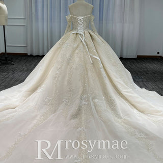 Off the Shoulder Ball Gown Wedding Dress with Long Sleeves - Rosymae