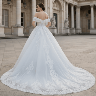 Off the Shoulder Ballgown Wedding Dress with Lace Appliqued - Rosymae