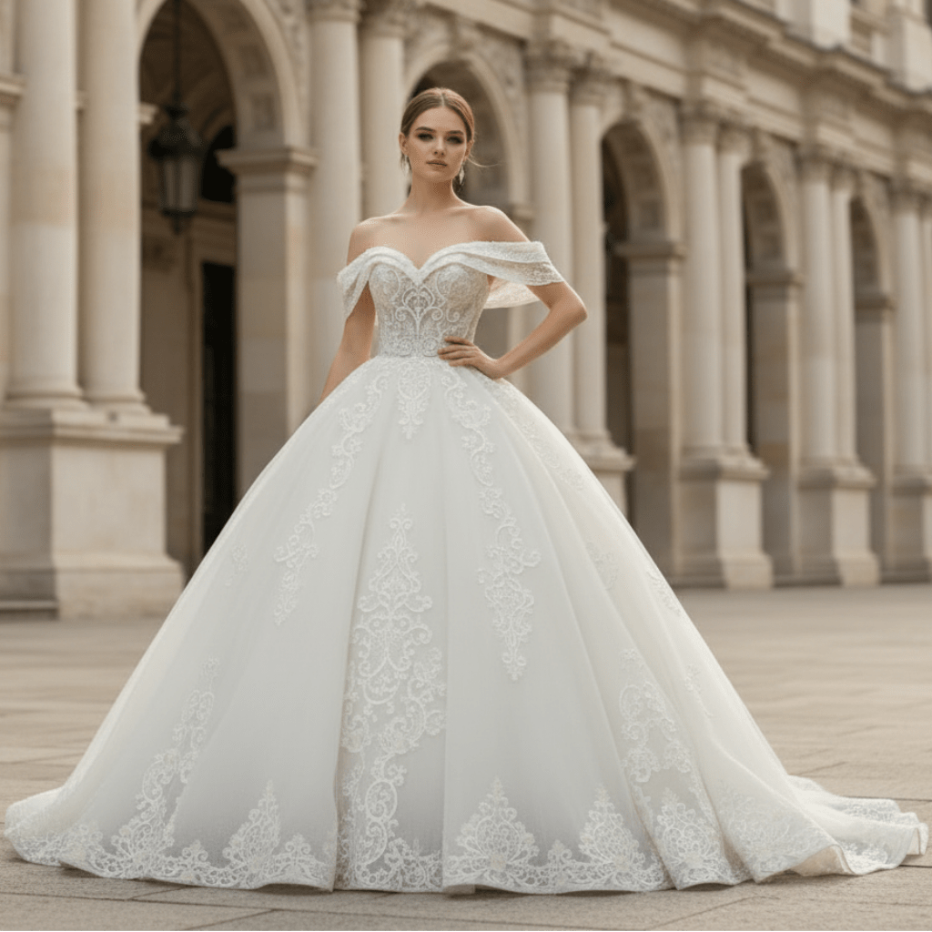 Off the Shoulder Ballgown Wedding Dress with Lace Appliqued - Rosymae