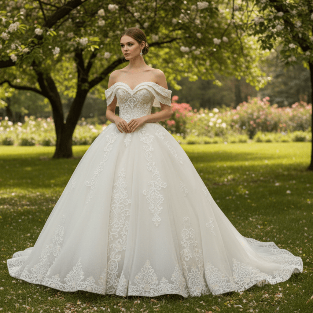 Off the Shoulder Ballgown Wedding Dress with Lace Appliqued - Rosymae