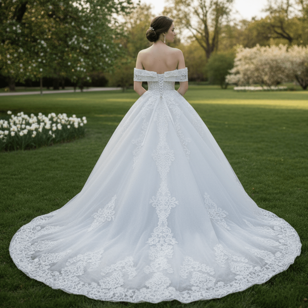 Off the Shoulder Ballgown Wedding Dress with Lace Appliqued - Rosymae