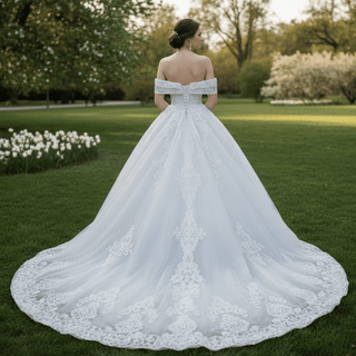 Off the Shoulder Ballgown Wedding Dress with Lace Appliqued - Rosymae
