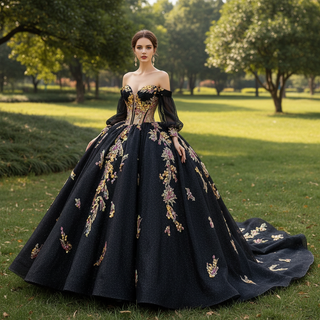 Elegant Off the Shoulder Puffy Black Quinceanera Dress For Sweet 15 16 Girls