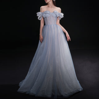 Off the Shoulder A-line Baby Blue Prom Gown Party Dress with Bowknot