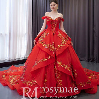 Off the Shoulder Blush Ruffle Wedding Dress with Detachable Overskirt - Rosymae