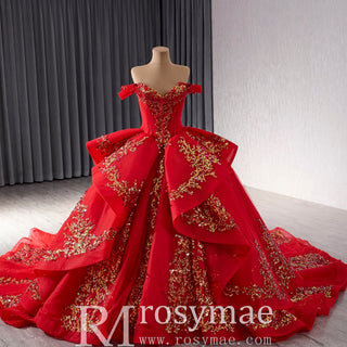 Off the Shoulder Blush Ruffle Wedding Dress with Detachable Overskirt - Rosymae