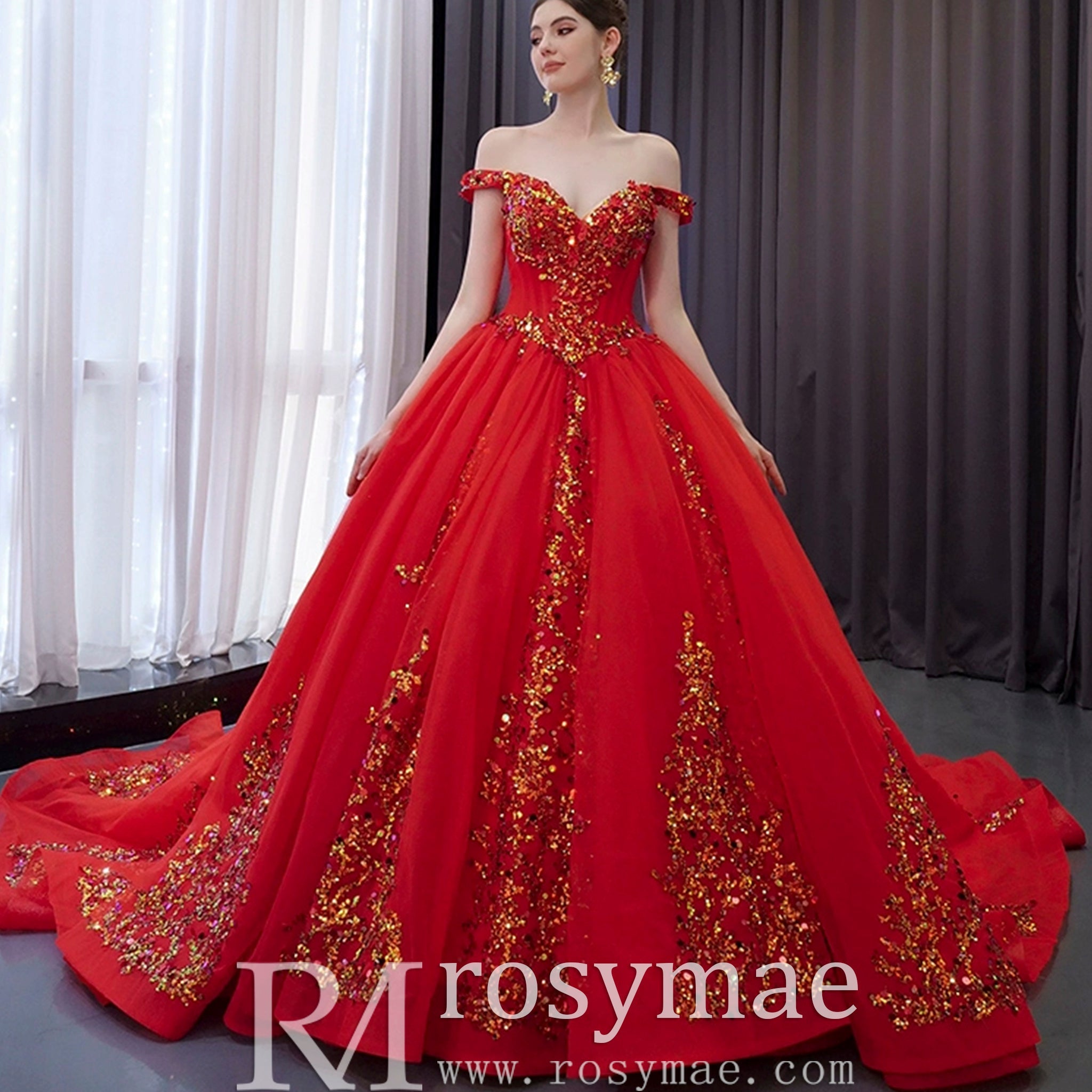 Off the Shoulder Blush Ruffle Wedding Dress with Detachable Overskirt - Rosymae