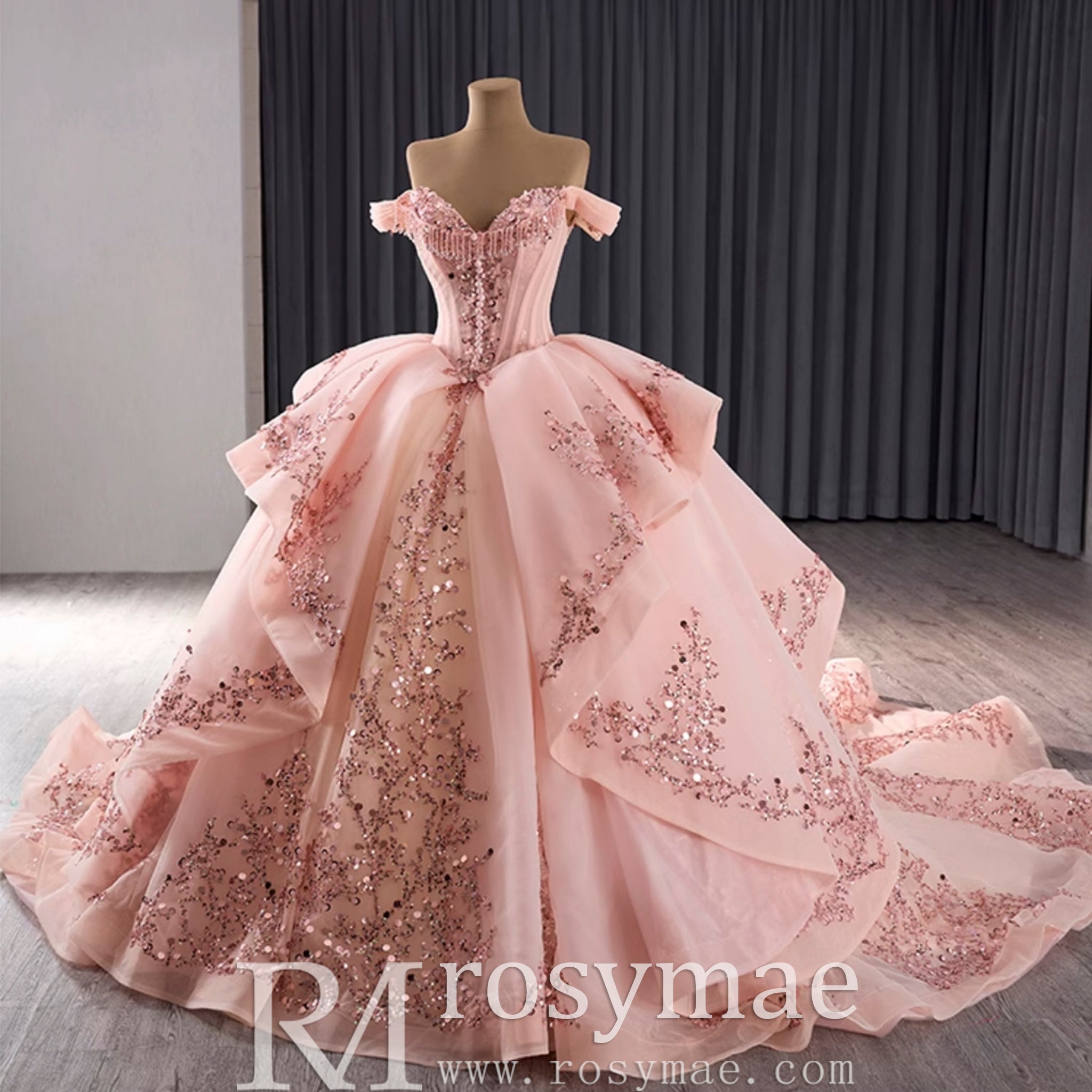 Off the Shoulder Blush Ruffle Wedding Dress with Detachable Overskirt - Rosymae