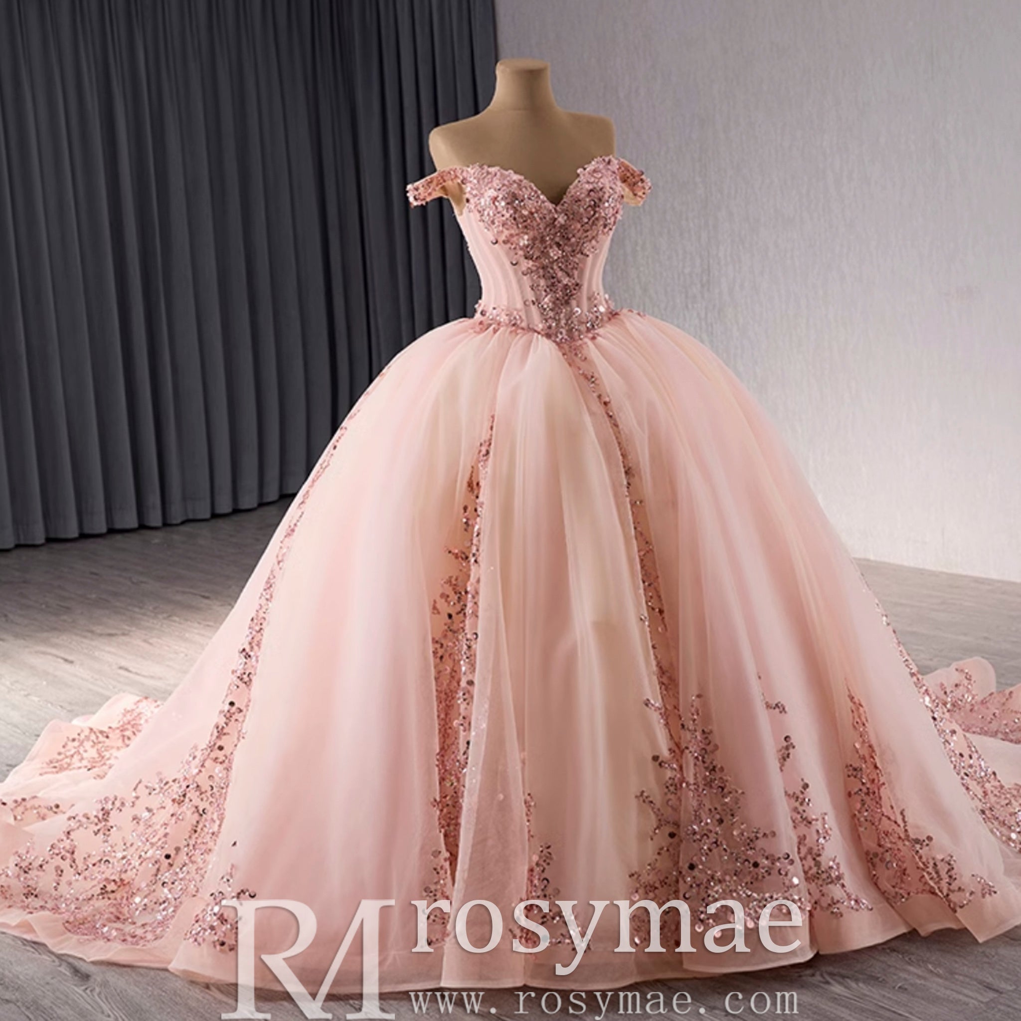 Off the Shoulder Blush Ruffle Wedding Dress with Detachable Overskirt - Rosymae