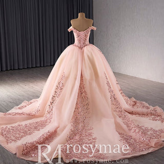 Off the Shoulder Blush Ruffle Wedding Dress with Detachable Overskirt - Rosymae