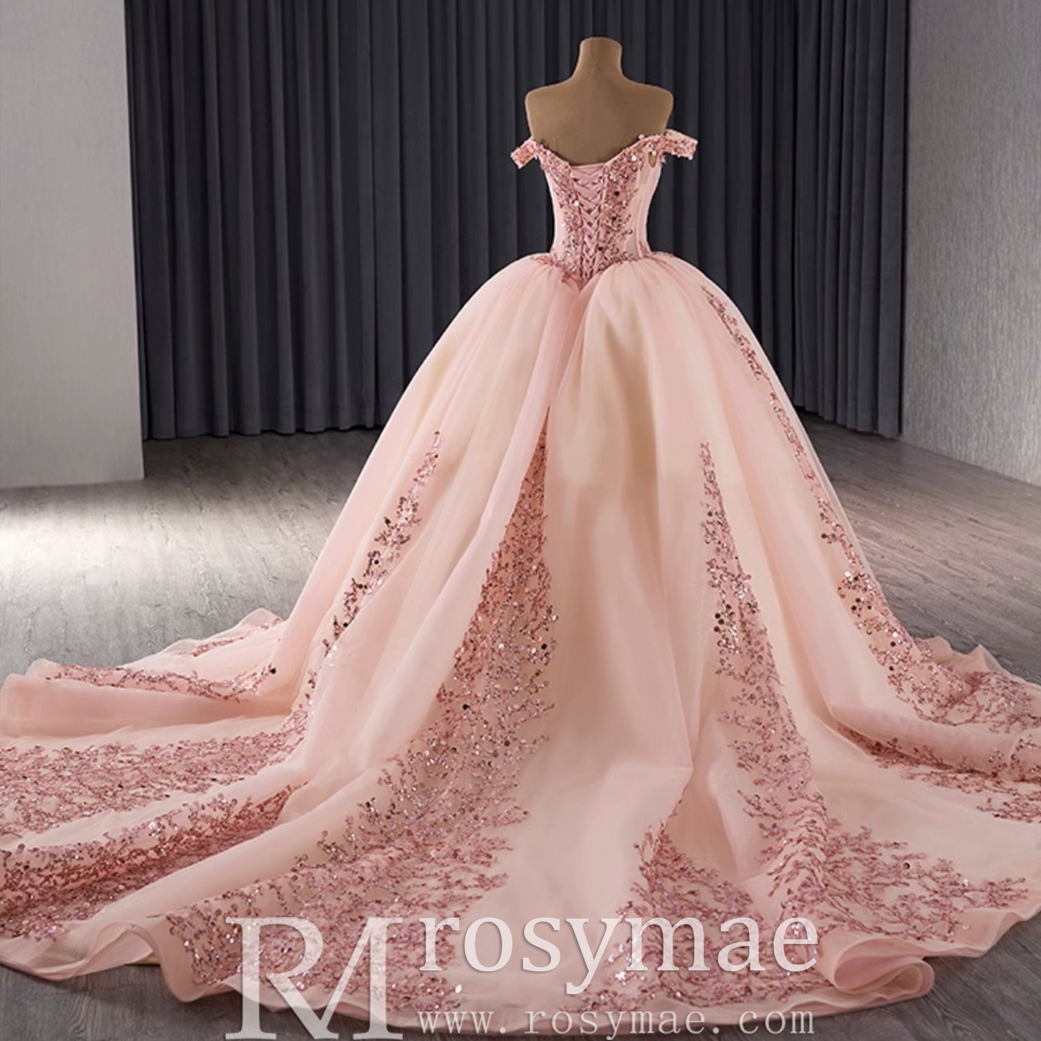 Off the Shoulder Blush Ruffle Wedding Dress with Detachable Overskirt - Rosymae