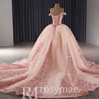 Off the Shoulder Blush Ruffle Wedding Dress with Detachable Overskirt - Rosymae