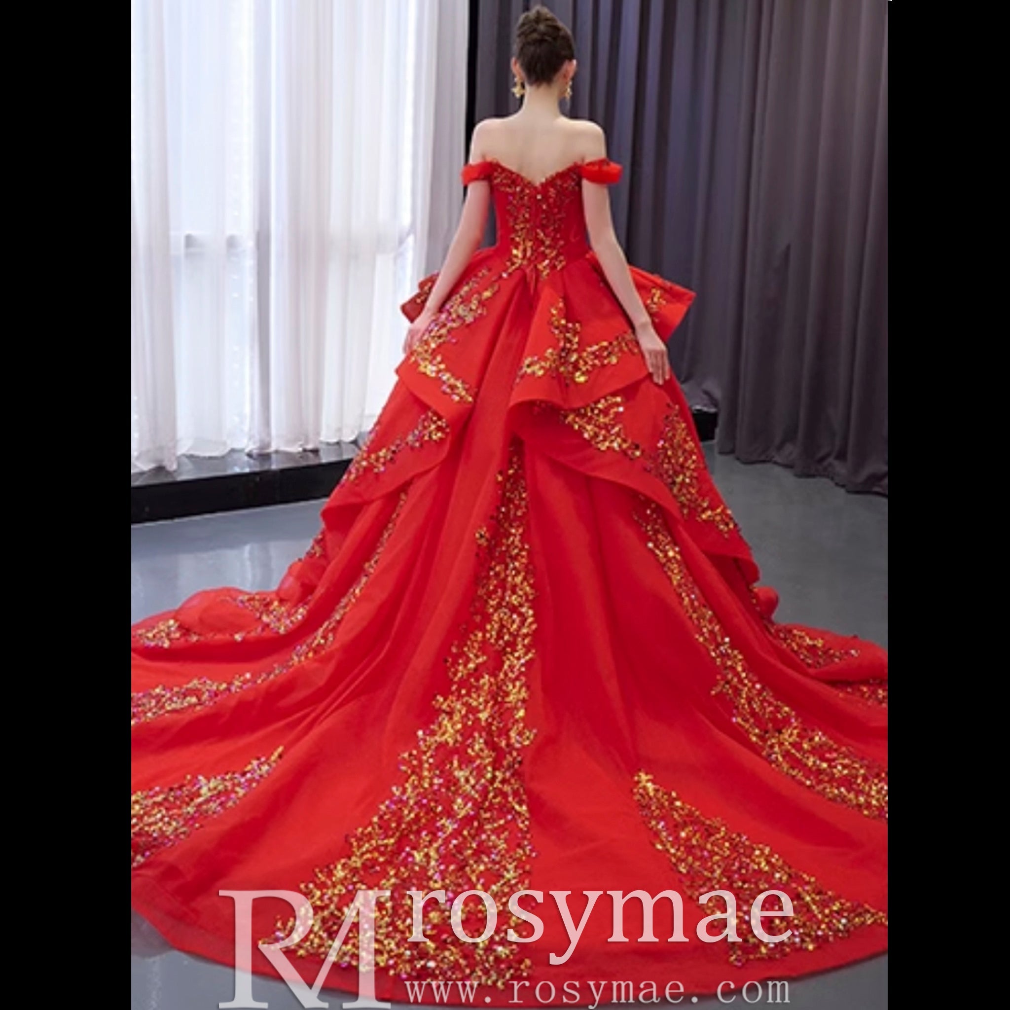 Off the Shoulder Blush Ruffle Wedding Dress with Detachable Overskirt - Rosymae