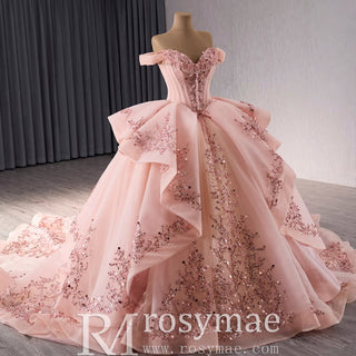 Off the Shoulder Blush Ruffle Wedding Dress with Detachable Overskirt - Rosymae