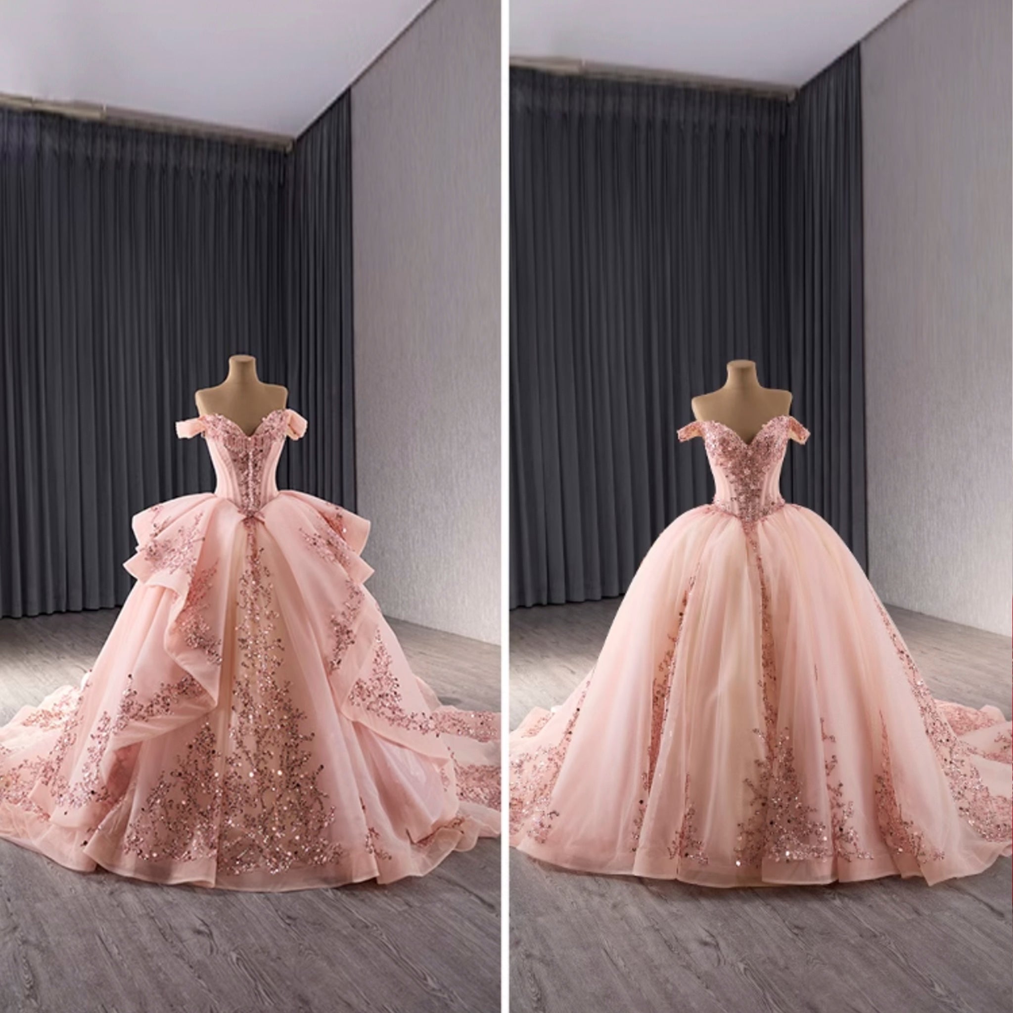 Off the Shoulder Blush Ruffle Wedding Dress with Detachable Overskirt - Rosymae