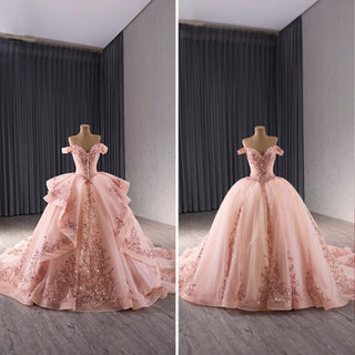 Off the Shoulder Blush Ruffle Wedding Dress with Detachable Overskirt - Rosymae