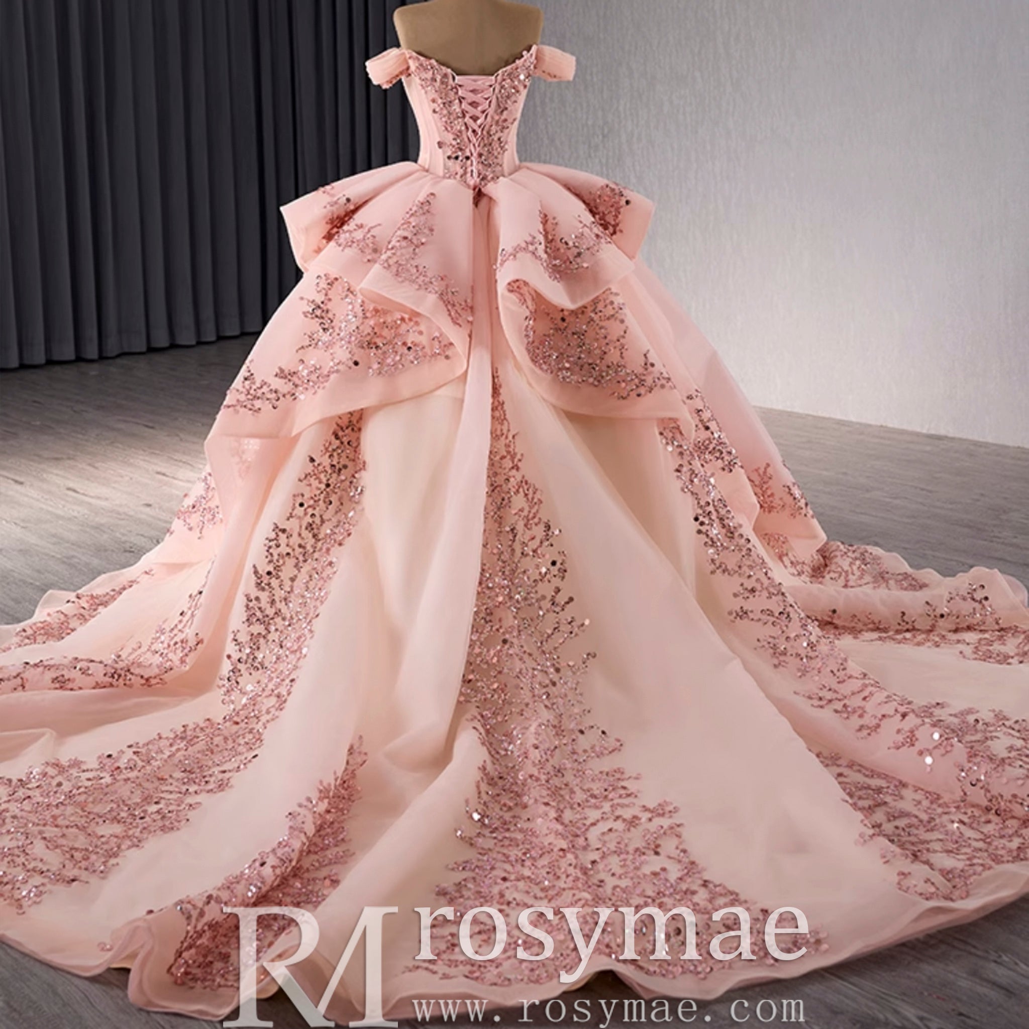 Off the Shoulder Blush Ruffle Wedding Dress with Detachable Overskirt - Rosymae