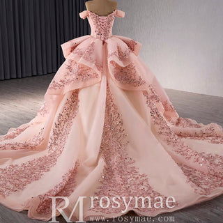 Off the Shoulder Blush Ruffle Wedding Dress with Detachable Overskirt - Rosymae