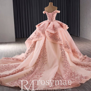 Off the Shoulder Blush Ruffle Wedding Dress with Detachable Overskirt - Rosymae