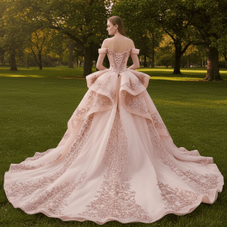 Off the Shoulder Blush Ruffle Wedding Dress with Detachable Overskirt - Rosymae