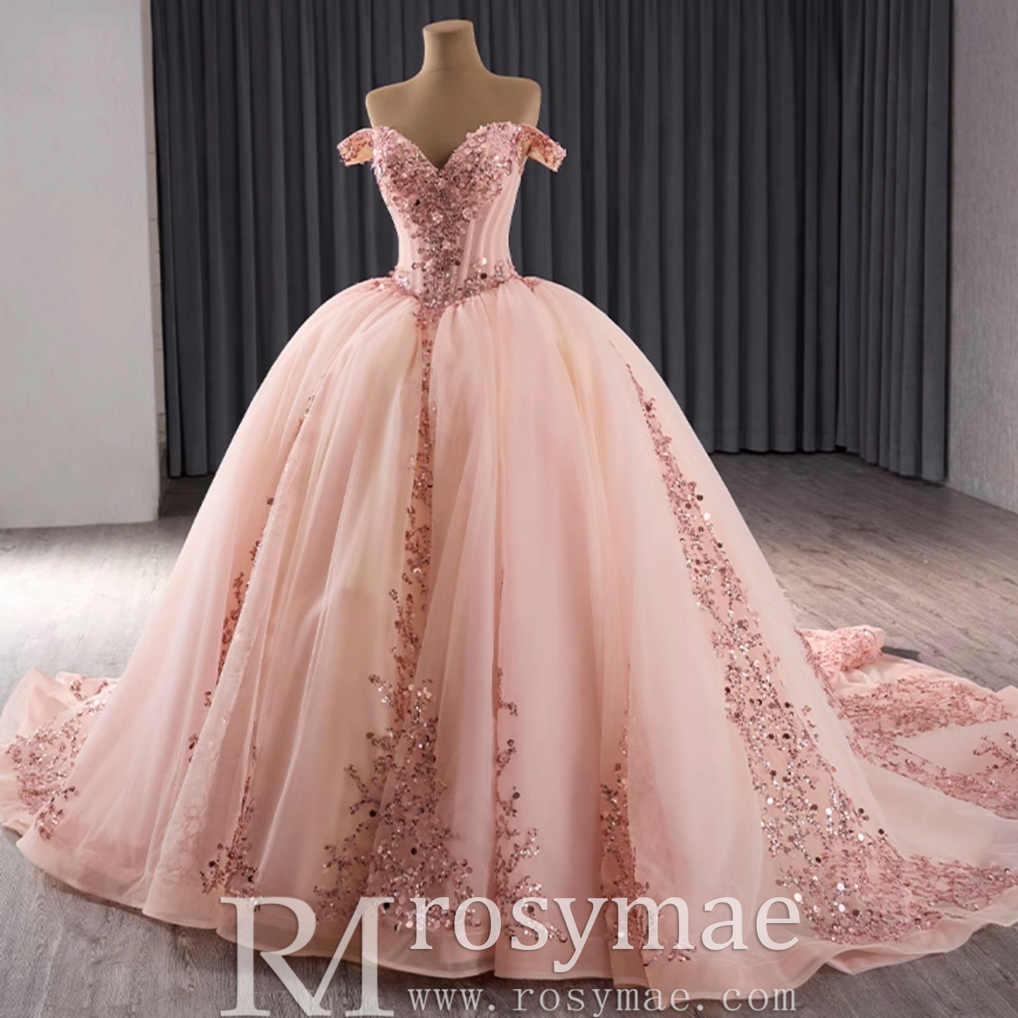 Off the Shoulder Blush Ruffle Wedding Dress with Detachable Overskirt - Rosymae