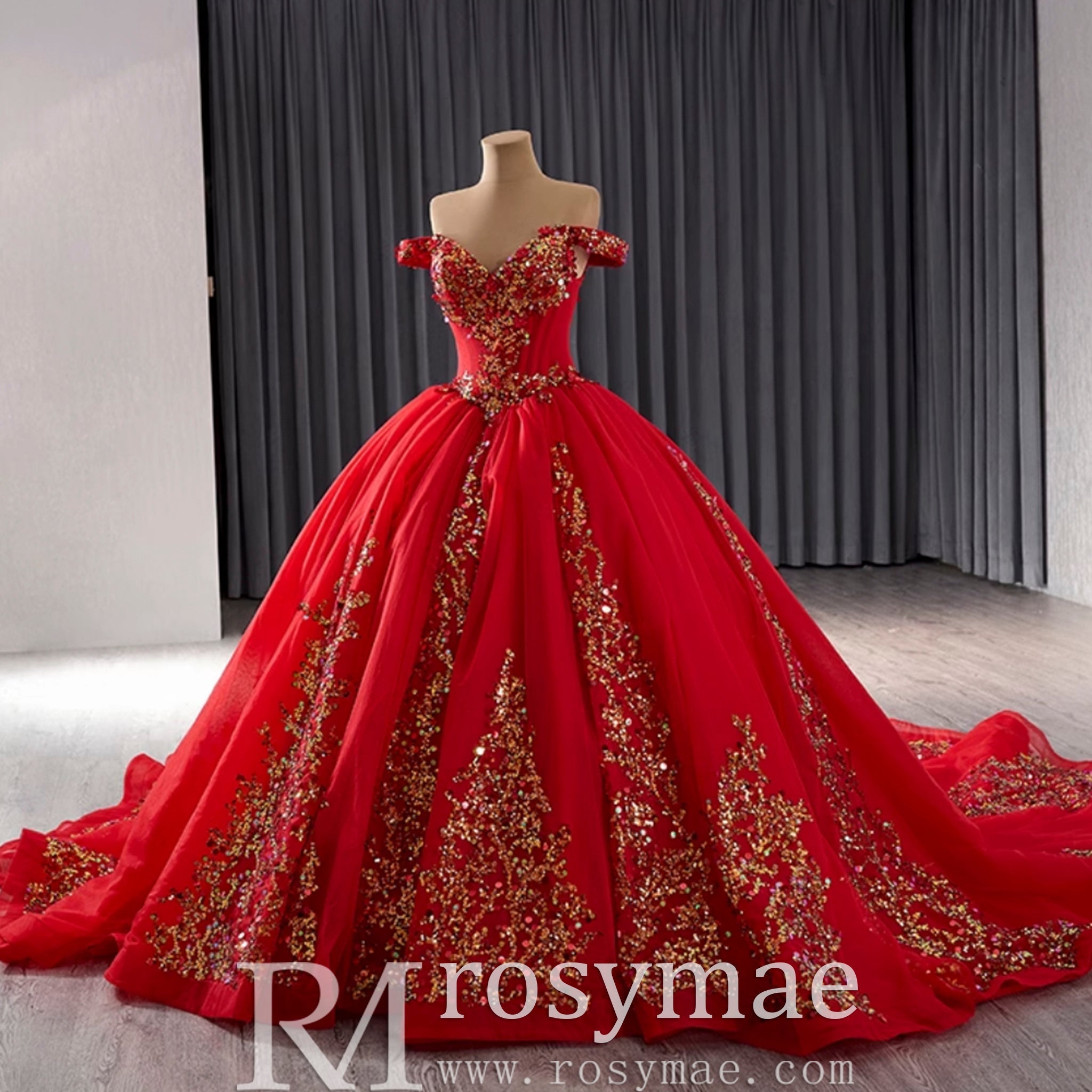 Off the Shoulder Blush Ruffle Wedding Dress with Detachable Overskirt - Rosymae