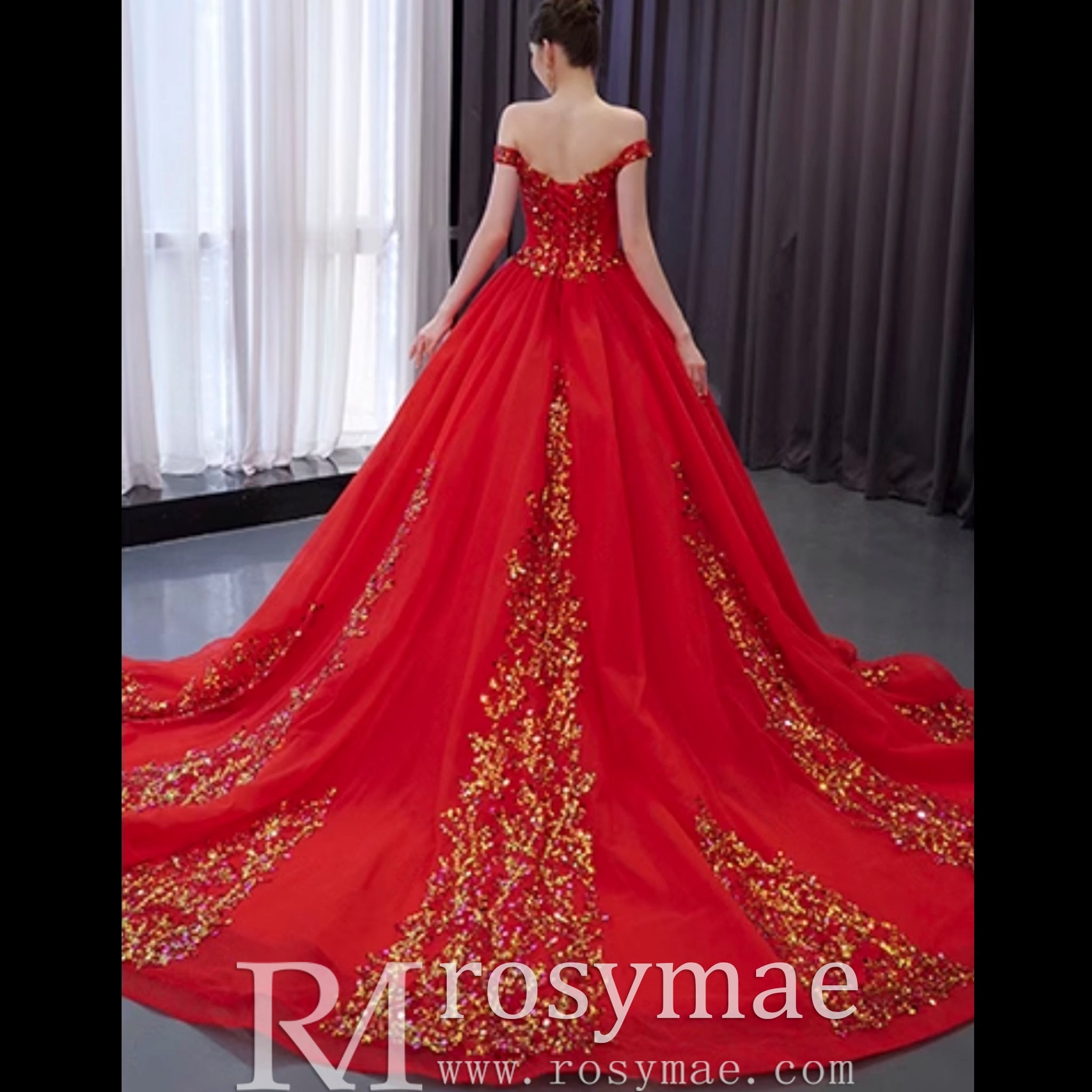 Off the Shoulder Blush Ruffle Wedding Dress with Detachable Overskirt - Rosymae